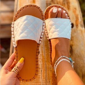 White Quilted Slide Sandals